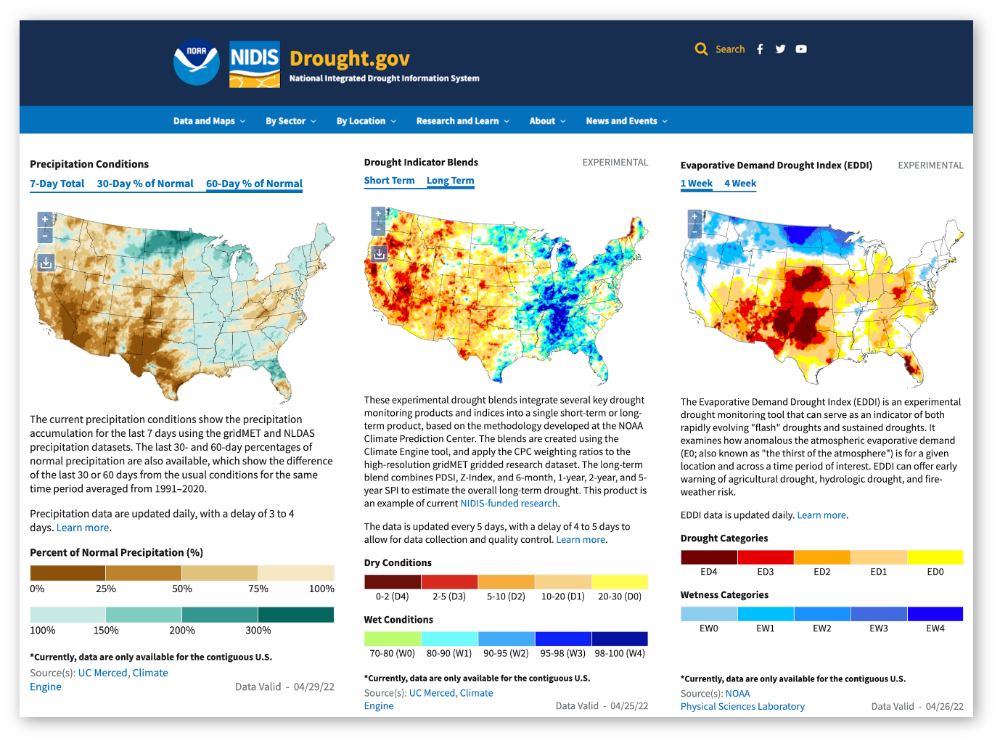 Example of drought monitoring maps on Drought.gov
