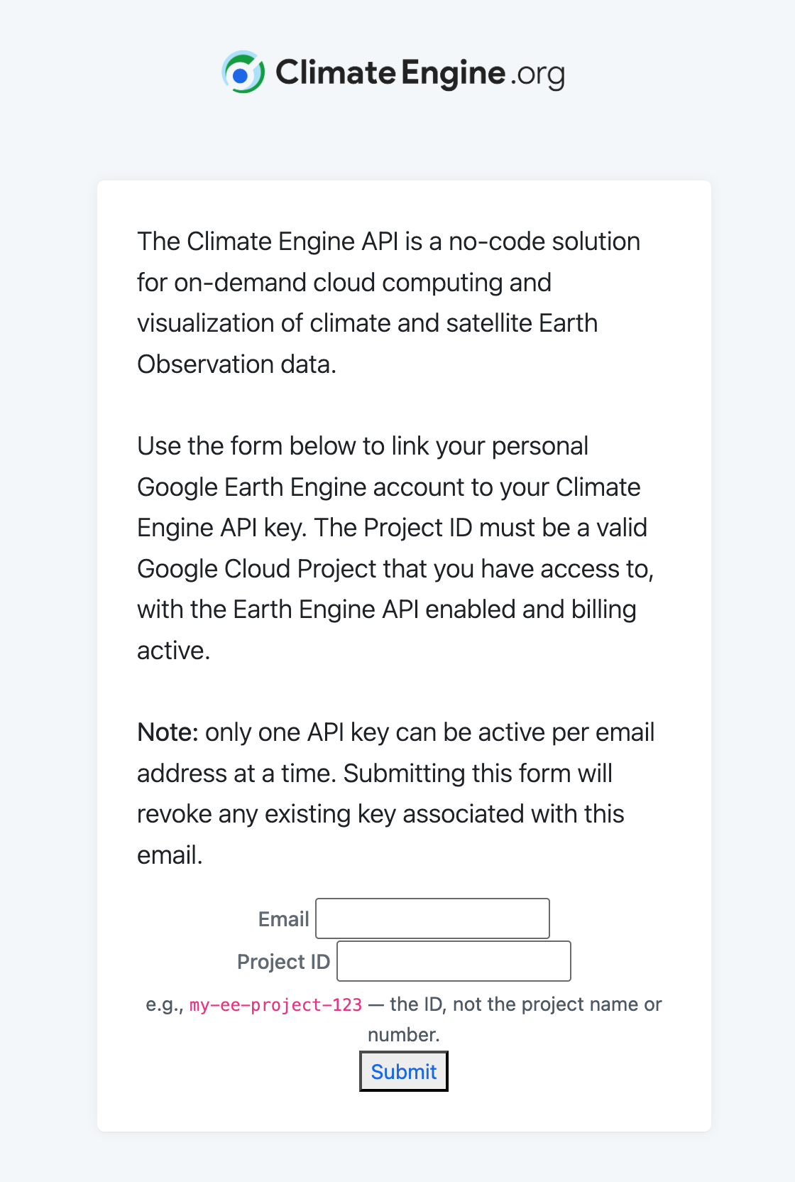 User form for Climate Engine-Earth Engine connector