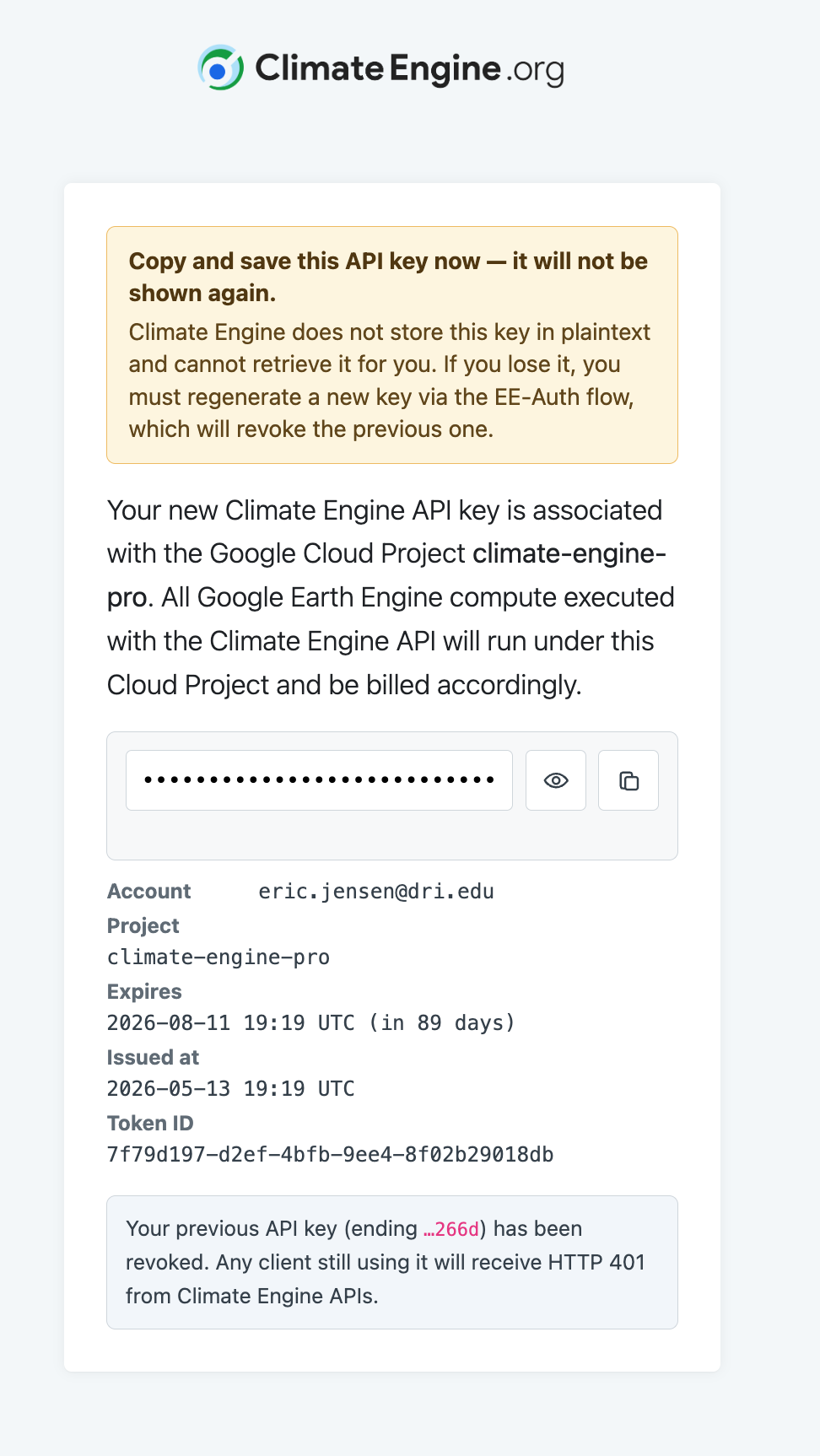 Confirmation screen with new Climate Engine API key