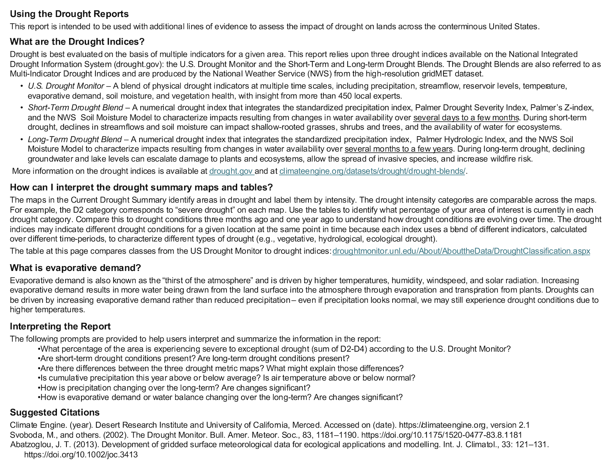 Using the Drought Reports guide page